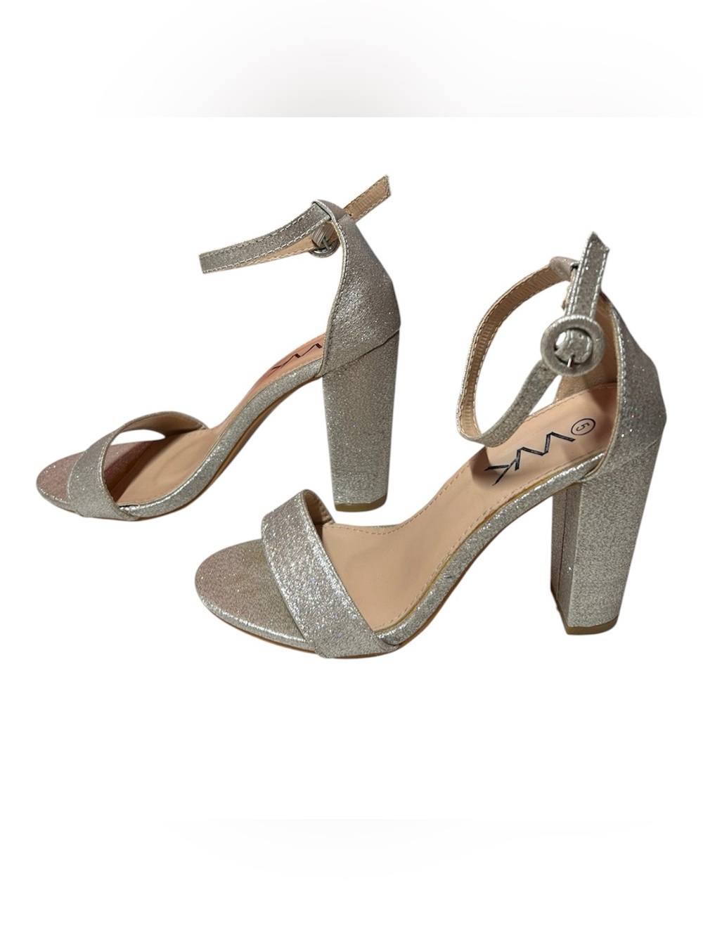 VNK sparkling silver glitter block heel open-toe ankle strap popular sandals